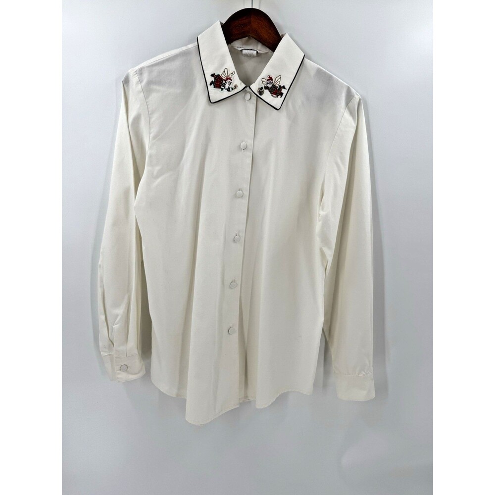 Women's Sharon Young Button-Up Embroidered Santa Collar Blouse Size 4 USA Made
